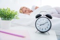 Close-up portrait of her she nice attractive woman lying in bed sleeping spending day weekend day-off everyday alarm Royalty Free Stock Photo