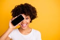 Close-up portrait of her she nice cute attractive cheerful cheery optimistic wavy-haired lady holding in hands cell