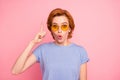 Close-up portrait of her she nice cute charming attractive lovely winsome stunned girl wearing casual blue t-shirt Royalty Free Stock Photo