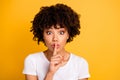 Close-up portrait of her she nice cute lovely attractive charming cheerful wavy-haired lady showing shh symbol isolated Royalty Free Stock Photo