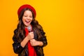 Close-up portrait of her she nice-looking attractive charming trendy fashionable cheerful wavy-haired girl singing Royalty Free Stock Photo