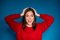 Close-up portrait of her she nice-looking attractive cheerful cheery amazed glad girl getting great incredible news good Royalty Free Stock Photo