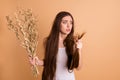 Close-up portrait of her she nice-looking attractive desperate nervous grumpy lady holding in hand dried flower messy