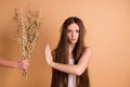 Close-up portrait of her she nice-looking attractive grumpy gloomy lady refusing to take dried flower messy thin weak