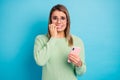 Close-up portrait of her she nice-looking attractive lovely charming pretty terrified girl using digital gadget biting Royalty Free Stock Photo