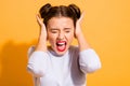 Close-up portrait of her she nice-looking attractive lovely mad crazy teen girl closing covering ears with palms Royalty Free Stock Photo