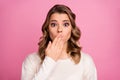 Close-up portrait of her she nice-looking attractive lovely pretty charming confused wavy-haired girl closing mouth Royalty Free Stock Photo