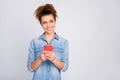 Close-up portrait of her she nice-looking attractive lovely pretty cheerful cheery wavy-haired girl using device Royalty Free Stock Photo