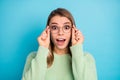 Close-up portrait of her she nice-looking attractive lovely pretty glad amazed cheerful cheery girl scientist touching Royalty Free Stock Photo