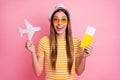 Close-up portrait of her she nice-looking attractive lovely pretty glad cheerful cheery girl holding in hands paper Royalty Free Stock Photo