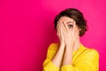 Close-up portrait of her she nice-looking attractive lovely pretty terrified scared girl hiding face in palms hands Royalty Free Stock Photo