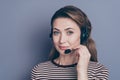 Close-up portrait of her she nice-looking attractive pretty confident content wavy-haired lady striped look outsource