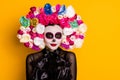 Close-up portrait of her she nice-looking beautiful lovely glamorous cheery baleful lady wearing Santa Muerte look Royalty Free Stock Photo