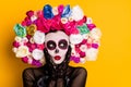 Close-up portrait of her she nice-looking glamorous beautiful lady Santa Muerte pondering copy space art voodoo pout Royalty Free Stock Photo