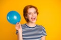 Close-up portrait of her she nice lovely charming attractive cheerful cheery glad girl with blue baloon birthday festal