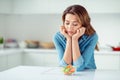 Close-up portrait of her she nice lovely charming attractive sad bored dull disappointed brown-haired lady looking at Royalty Free Stock Photo