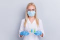 Close-up portrait of her she nice professional girl medic anesthetist scientist biologist wearing gauze mask holding in Royalty Free Stock Photo