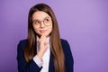 Close-up portrait of her she pensive genius brainy long-haired girl overthinking calculating solving task exercise