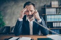 Close-up portrait of his he depressed miserable jobless middle-aged guy employee talking on phone failure crisis staff