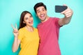 Close-up portrait of his he her she nice attractive charming lovely cheerful cheery optimistic couple taking selfie Royalty Free Stock Photo