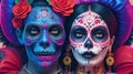 Close-up portrait of his he her she nice glamorous creepy scary spooky trendy couple embracing Santa Muerte cult celebration