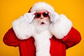 Close-up portrait of his he nice attractive amazed Santa father newyear pout lips touching specs cool bargain offer