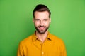 Close-up portrait of his he nice attractive cheerful cheery bearded brown-haired guy wearing casual formal shirt