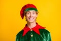 Close-up portrait of his he nice attractive cheerful cheery funny guy elf wearing festal clothes enjoying Eve Noel fairy Royalty Free Stock Photo
