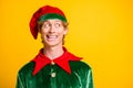 Close-up portrait of his he nice attractive cheerful cheery glad funny guy elf looking aside copy space Eve Noel fairy Royalty Free Stock Photo