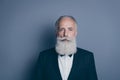 Close-up portrait of his he nice attractive content calm gray-haired man wearing tux tuxedo ready for festal event Royalty Free Stock Photo