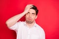 Close-up portrait of his he nice attractive dull disappointed gloomy grumpy sullen guy student exam fail failure bad Royalty Free Stock Photo