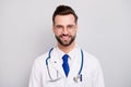 Close-up portrait of his he nice attractive smart clever cheerful cheery doc professor emergency center owner director Royalty Free Stock Photo