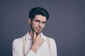 Close-up portrait of his he nice attractive smart clever intellectual focused brunette guy realestate agent broker