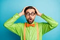 Close-up portrait of his he nice crazy overwhelmed guy wearing festal shirt thick specs unexpected news reaction Royalty Free Stock Photo