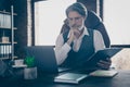 Close-up portrait of his he nice handsome confident serious focused gray-haired gentleman sitting in chair researching Royalty Free Stock Photo