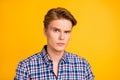 Close-up portrait of his he nice-looking attractive worried nervous guy wearing checked shirt showing shh sign keep dont Royalty Free Stock Photo