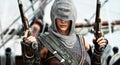 Close up portrait of a hooded female pirate assassin posing with her flintlock pistol weapons on the deck or her ship.