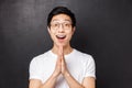 Close-up portrait of hopeful and grateful young happy asian guy receive help after begging friend, saying thank you Royalty Free Stock Photo