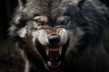 Close-up image capturing the fierce expression of a snarling wolf with detailed fur and teeth Royalty Free Stock Photo