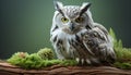 Close up portrait of a large, cute eagle owl perching on a branch generated by AI Royalty Free Stock Photo
