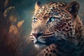 A close-up portrait of a leopard in its natural habitat - a dangerous predator in a wildlife scene. Generative AI Royalty Free Stock Photo