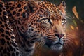 A close-up portrait of a leopard in its natural habitat - a dangerous predator in a wildlife scene. Generative AI Royalty Free Stock Photo