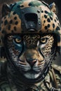 Close-up portrait of a leopard in a military helmet. Royalty Free Stock Photo