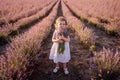 Close-up portrait of little girl in flower dress holding bouquet with purple lavender at sunset Royalty Free Stock Photo