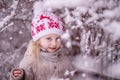 Close-up portrait of a little girl in a white christmas hat on a background of a snow park .Copy space Royalty Free Stock Photo