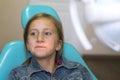 Close up portrait of a little smiling girl at dentist office. Dentist examining little girl's teeth in clinic. people, medicine,