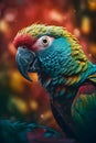 close-up portrait of a Macaw, with a vivid orange background of a wild setting