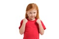 Close-up portrait mad young girl about to have nervous atomic breakdown, fist up in air, angry with someone isolated Royalty Free Stock Photo