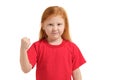 Close-up portrait mad young girl about to have nervous atomic breakdown, fist up in air, angry with someone isolated Royalty Free Stock Photo