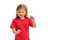 Close-up portrait mad young girl about to have nervous atomic breakdown, fist up in air, angry with someone isolated Royalty Free Stock Photo